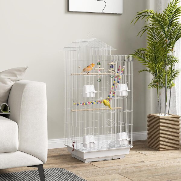 AllMyPets Gabbia per Uccelli con Maniglia e Porte Gabbietta con Altalena, Ciotole e Giochi 46x36x100 cm colore Bianco
