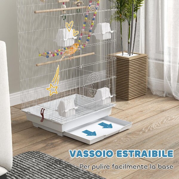 AllMyPets Gabbia per Uccelli con Maniglia e Porte Gabbietta con Altalena, Ciotole e Giochi 46x36x100 cm colore Bianco