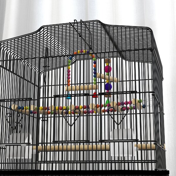 AllMyPets Gabbia per Uccelli con Maniglia, Vassoio Estraibile, Posatoi in Legno, Altalena e Ciotole 46.5x35.5x92 cm colore Nero