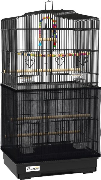 AllMyPets Gabbia per Uccelli con Maniglia, Vassoio Estraibile, Posatoi in Legno, Altalena e Ciotole 46.5x35.5x92 cm colore Nero