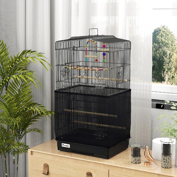 AllMyPets Gabbia per Uccelli con Maniglia, Vassoio Estraibile, Posatoi in Legno, Altalena e Ciotole 46.5x35.5x92 cm colore Nero
