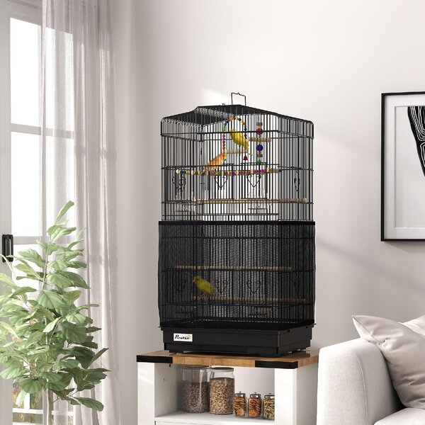 AllMyPets Gabbia per Uccelli con Maniglia, Vassoio Estraibile, Posatoi in Legno, Altalena e Ciotole 46.5x35.5x92 cm colore Nero