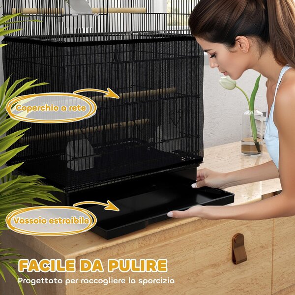 AllMyPets Gabbia per Uccelli con Maniglia, Vassoio Estraibile, Posatoi in Legno, Altalena e Ciotole 46.5x35.5x92 cm colore Nero