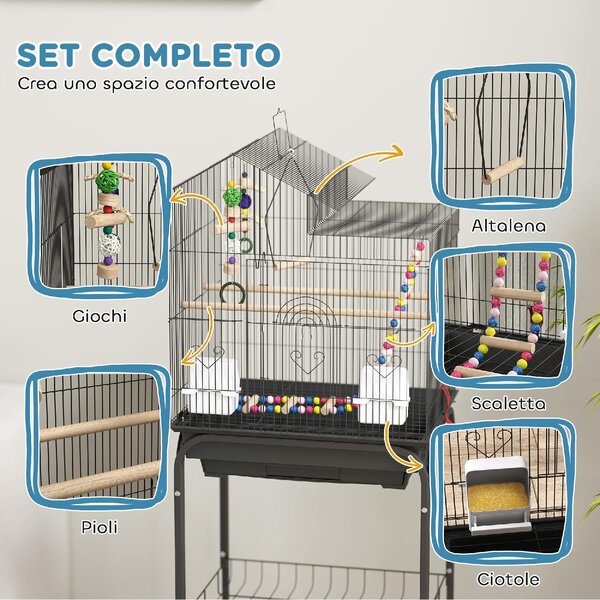 AllMyPets Gabbia per Uccelli con Piedistallo Ruote Girevoli Ripiano e Accessori 46x36x120 cm colore Nero - K640BK