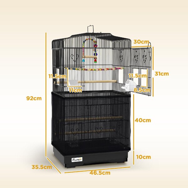 AllMyPets Gabbia per Uccelli con Maniglia, Vassoio Estraibile, Posatoi in Legno, Altalena e Ciotole 46.5x35.5x92 cm colore Nero