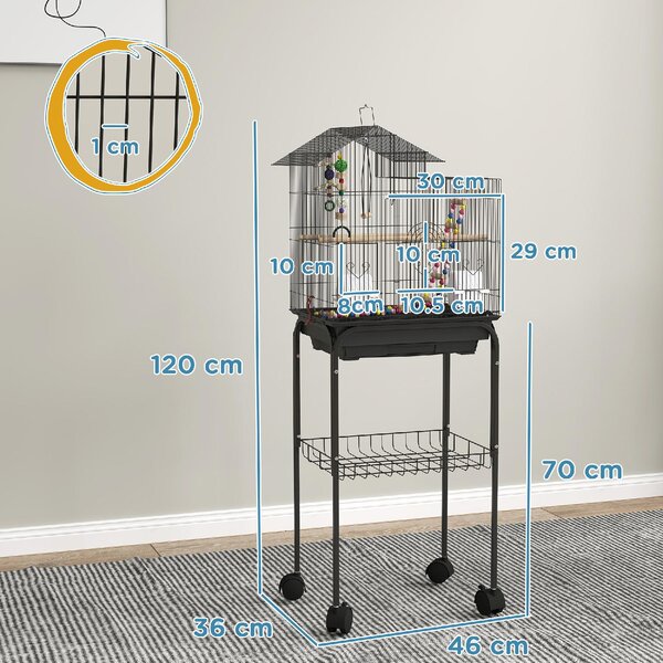 AllMyPets Gabbia per Uccelli con Piedistallo Ruote Girevoli Ripiano e Accessori 46x36x120 cm colore Nero - K640BK