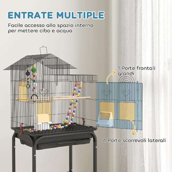 AllMyPets Gabbia per Uccelli con Piedistallo Ruote Girevoli Ripiano e Accessori 46x36x120 cm colore Nero - K640BK
