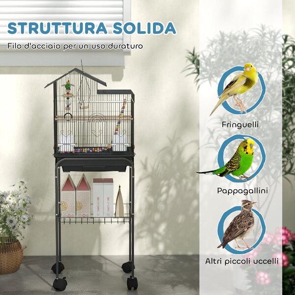 AllMyPets Gabbia per Uccelli con Piedistallo Ruote Girevoli Ripiano e Accessori 46x36x120 cm colore Nero - K640BK