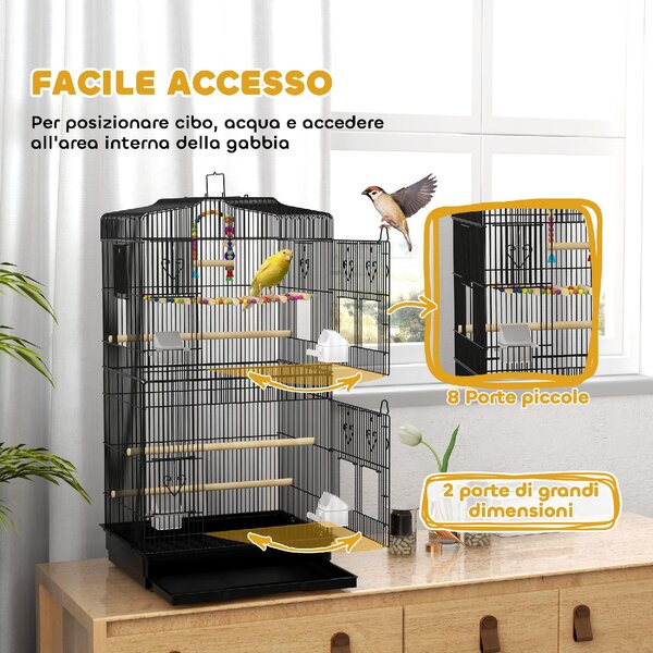 AllMyPets Gabbia per Uccelli con Maniglia, Vassoio Estraibile, Posatoi in Legno, Altalena e Ciotole 46.5x35.5x92 cm colore Nero