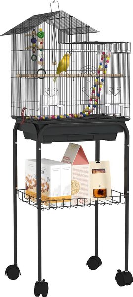 AllMyPets Gabbia per Uccelli con Piedistallo Ruote Girevoli Ripiano e Accessori 46x36x120 cm colore Nero - K640BK