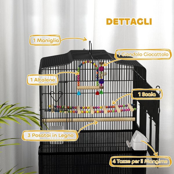 AllMyPets Gabbia per Uccelli con Maniglia, Vassoio Estraibile, Posatoi in Legno, Altalena e Ciotole 46.5x35.5x92 cm colore Nero