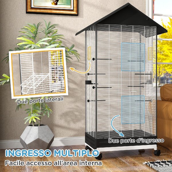 AllMyPets Gabbia per Uccelli con Ruote e Vassoio Estraibile, Voliera Alta 155 cm con Posatoi e Mangiatoie colore Nero - 0BKJ593