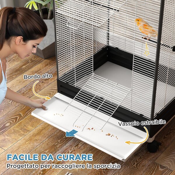 AllMyPets Gabbia per Uccelli con Ruote e Vassoio Estraibile, Voliera Alta 155 cm con Posatoi e Mangiatoie colore Nero - 0BKJ593
