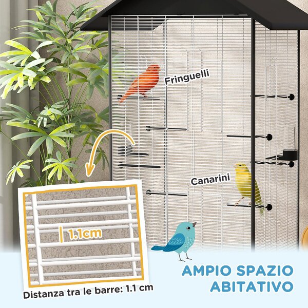 AllMyPets Gabbia per Uccelli con Ruote e Vassoio Estraibile, Voliera Alta 155 cm con Posatoi e Mangiatoie colore Nero - 0BKJ593