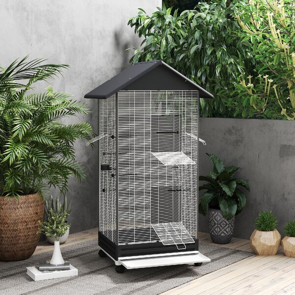 AllMyPets Gabbia per Uccelli con Ruote e Vassoio Estraibile, Voliera Alta 155 cm con Posatoi e Mangiatoie colore Nero - 0BKJ593