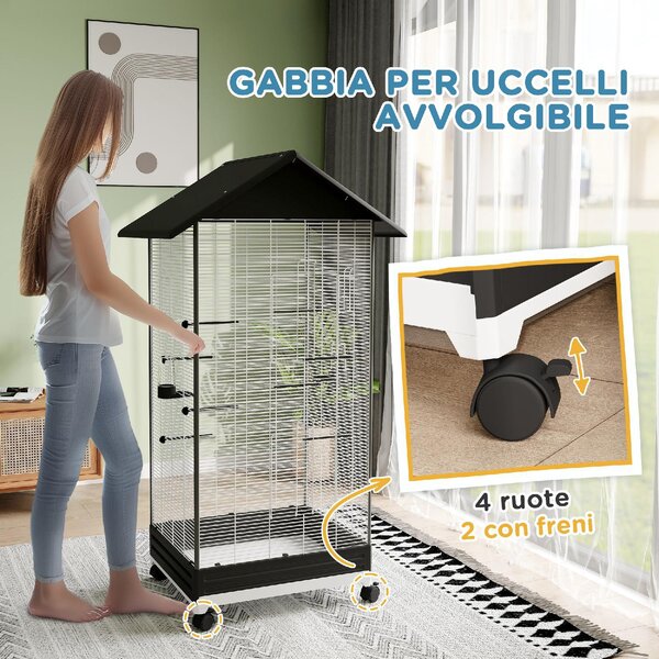 AllMyPets Gabbia per Uccelli con Ruote e Vassoio Estraibile, Voliera Alta 155 cm con Posatoi e Mangiatoie colore Nero - 0BKJ593