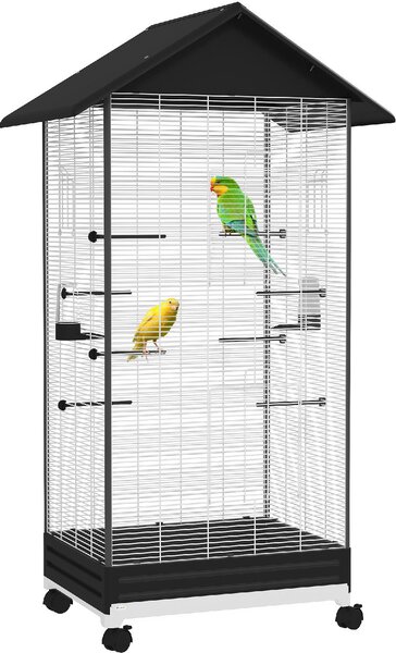 AllMyPets Gabbia per Uccelli con Ruote e Vassoio Estraibile, Voliera Alta 155 cm con Posatoi e Mangiatoie colore Nero - 0BKJ593