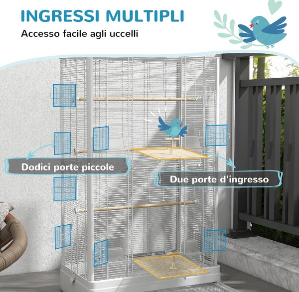AllMyPets Gabbia per Uccelli con Vassoio Estraibile e Posatoi Voliera per Pappagalli 61x36.5x98 cm colore Bianco