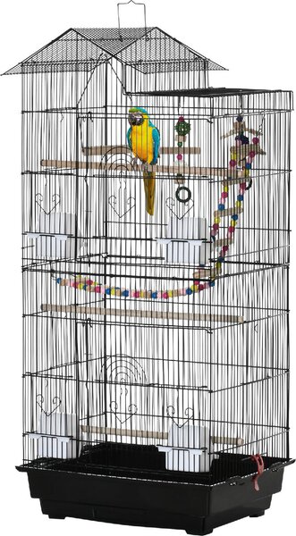 AllMyPets Gabbia per Uccelli con Scaletta, Altalena, Ciotole e Giochi in Acciaio, PP e Legno 46x36x100 cm colore Nero - A90081AO10