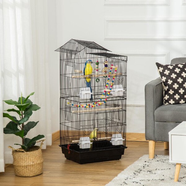 AllMyPets Gabbia per Uccelli con Scaletta, Altalena, Ciotole e Giochi in Acciaio, PP e Legno 46x36x100 cm colore Nero - A90081AO10
