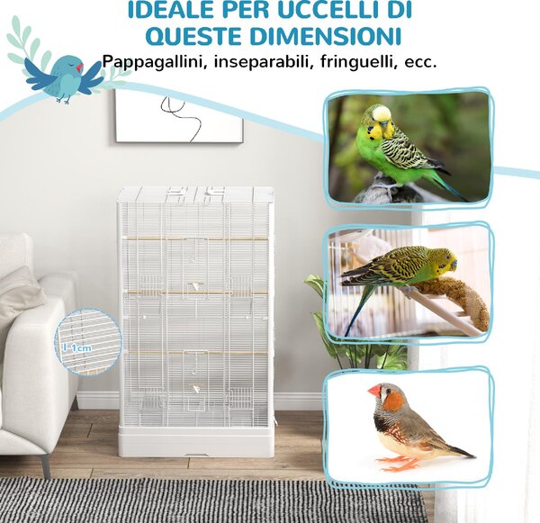 AllMyPets Gabbia per Uccelli con Vassoio Estraibile e Posatoi Voliera per Pappagalli 61x36.5x98 cm colore Bianco