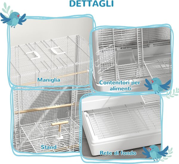 AllMyPets Gabbia per Uccelli con Vassoio Estraibile e Posatoi Voliera per Pappagalli 61x36.5x98 cm colore Bianco