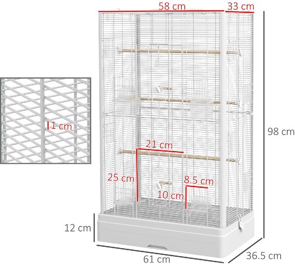 AllMyPets Gabbia per Uccelli con Vassoio Estraibile e Posatoi Voliera per Pappagalli 61x36.5x98 cm colore Bianco
