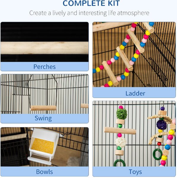 AllMyPets Gabbia per Uccelli con Scaletta, Altalena, Ciotole e Giochi in Acciaio, PP e Legno 46x36x100 cm colore Nero - A90081AO10