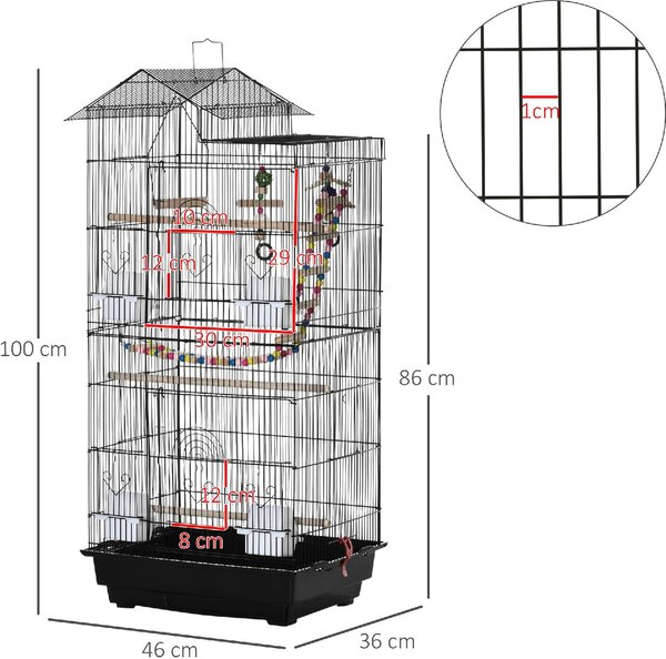 AllMyPets Gabbia per Uccelli con Scaletta, Altalena, Ciotole e Giochi in Acciaio, PP e Legno 46x36x100 cm colore Nero - A90081AO10