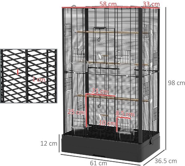 AllMyPets Gabbia per Uccelli con Vassoio Estraibile e Posatoi, Voliera per Pappagalli, 61x36.5x98 cm colore Nero - R400BK