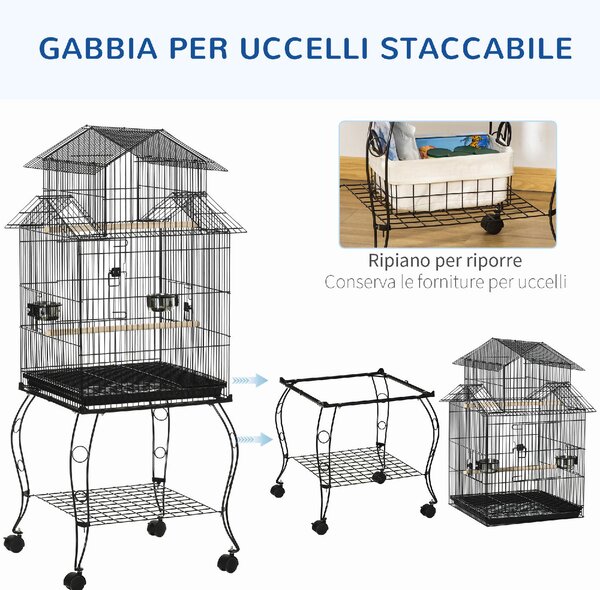AllMyPets Gabbia per Uccelli da Interni in Acciaio e Legno con Vassoio 4 Ruote e Trespolo 50x49x137cm