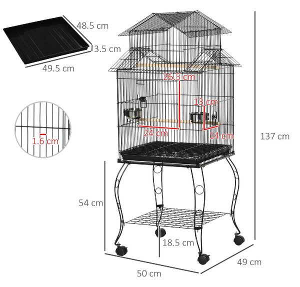 AllMyPets Gabbia per Uccelli da Interni in Acciaio e Legno con Vassoio 4 Ruote e Trespolo 50x49x137cm