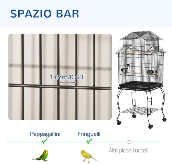 AllMyPets Gabbia per Uccelli da Interni in Acciaio e Legno con Vassoio 4 Ruote e Trespolo 50x49x137cm