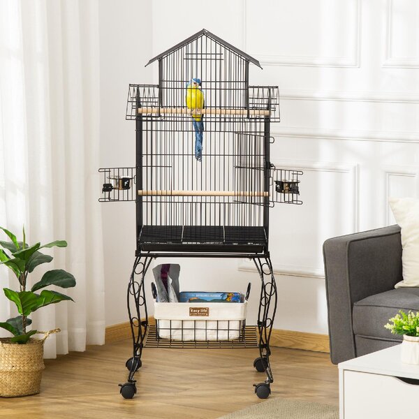 AllMyPets Gabbia per Uccelli da Interni in Acciaio e Legno con Vassoio 4 Ruote e Trespolo 50x49x137cm
