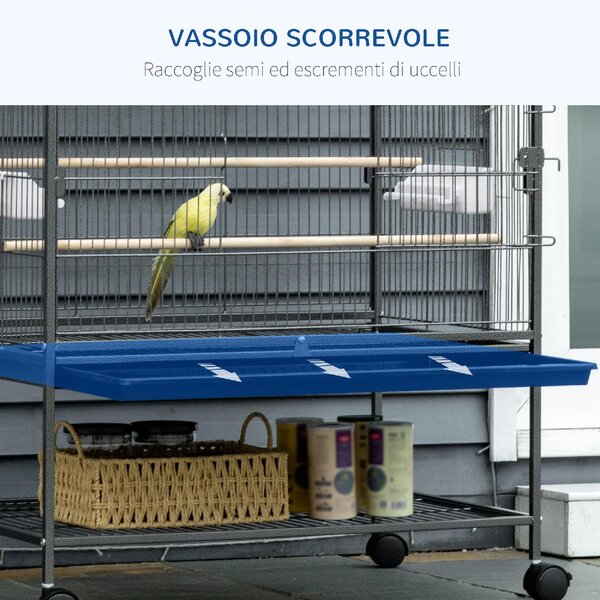 AllMyPets Gabbia per Uccelli da Interni in Legno con Vassoio 4 Ruote e Trespolo 78x52x132cm