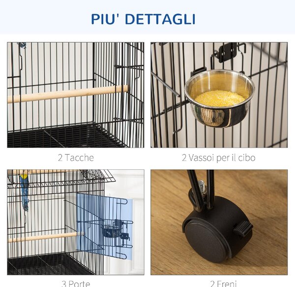 AllMyPets Gabbia per Uccelli da Interni in Acciaio e Legno con Vassoio 4 Ruote e Trespolo 50x49x137cm