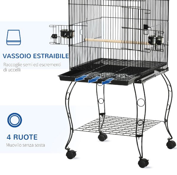 AllMyPets Gabbia per Uccelli da Interni in Acciaio e Legno con Vassoio 4 Ruote e Trespolo 50x49x137cm