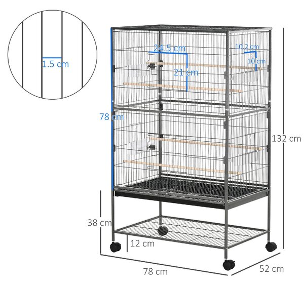 AllMyPets Gabbia per Uccelli da Interni in Legno con Vassoio 4 Ruote e Trespolo 78x52x132cm