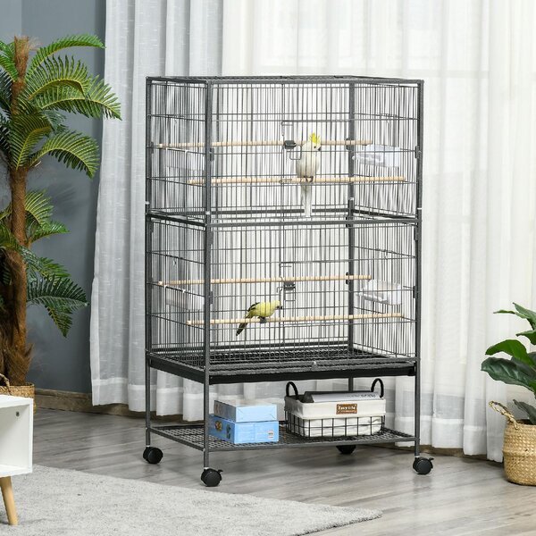 AllMyPets Gabbia per Uccelli da Interni in Legno con Vassoio 4 Ruote e Trespolo 78x52x132cm