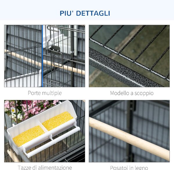 AllMyPets Gabbia per Uccelli da Interni in Legno con Vassoio 4 Ruote e Trespolo 78x52x132cm