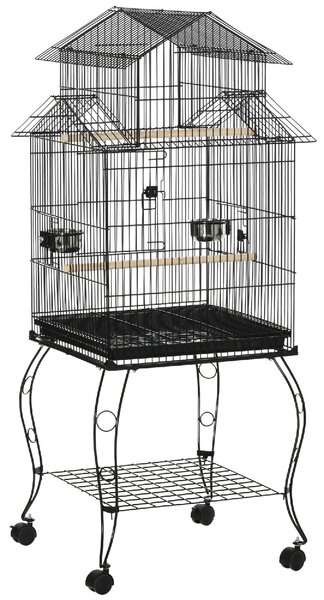 AllMyPets Gabbia per Uccelli da Interni in Acciaio e Legno con Vassoio 4 Ruote e Trespolo 50x49x137cm