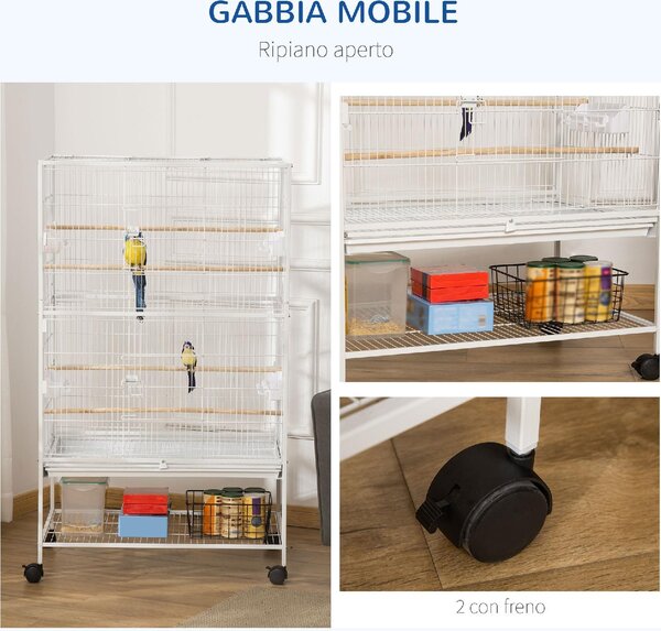 AllMyPets Gabbia per Uccelli da Interno con Vassoio Estraibile, 4 Ruote e Trespolo 78x52x132 cm colore Bianco