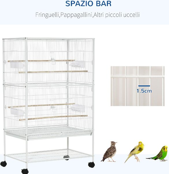 AllMyPets Gabbia per Uccelli da Interno con Vassoio Estraibile, 4 Ruote e Trespolo 78x52x132 cm colore Bianco