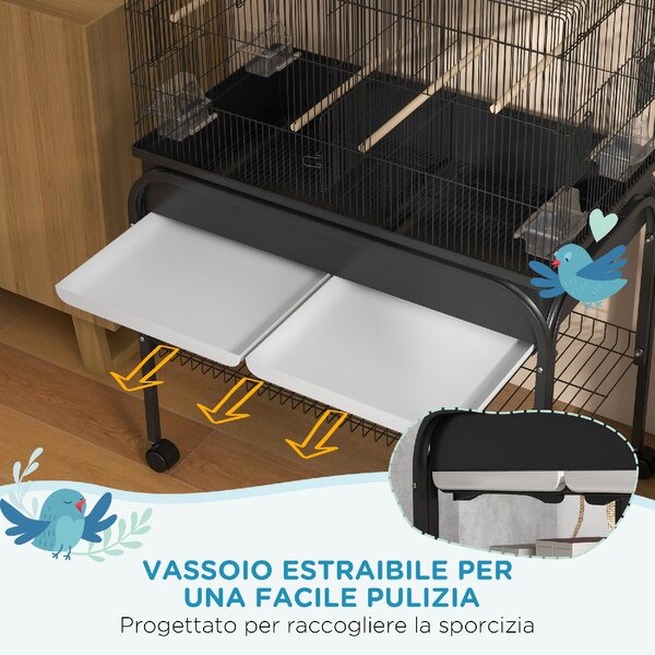 AllMyPets Gabbia per Uccelli da Interno con Vassoio, Ripiano e Ruote con Freno 85x49x119 cm colore Nero
