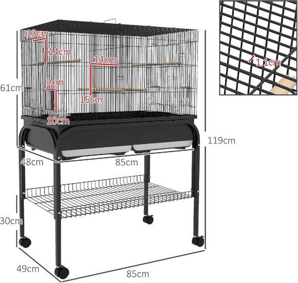 AllMyPets Gabbia per Uccelli da Interno con Vassoio, Ripiano e Ruote con Freno 85x49x119 cm colore Nero