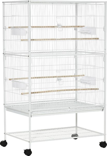 AllMyPets Gabbia per Uccelli da Interno con Vassoio Estraibile, 4 Ruote e Trespolo 78x52x132 cm colore Bianco