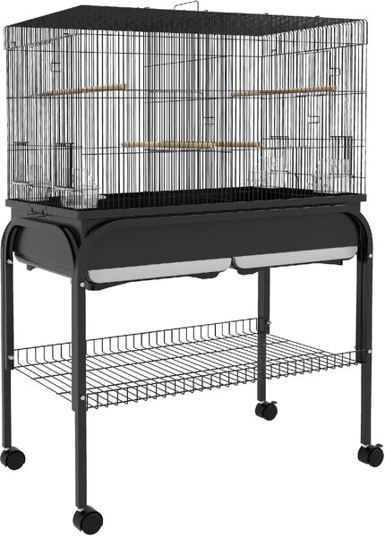 AllMyPets Gabbia per Uccelli da Interno con Vassoio, Ripiano e Ruote con Freno 85x49x119 cm colore Nero