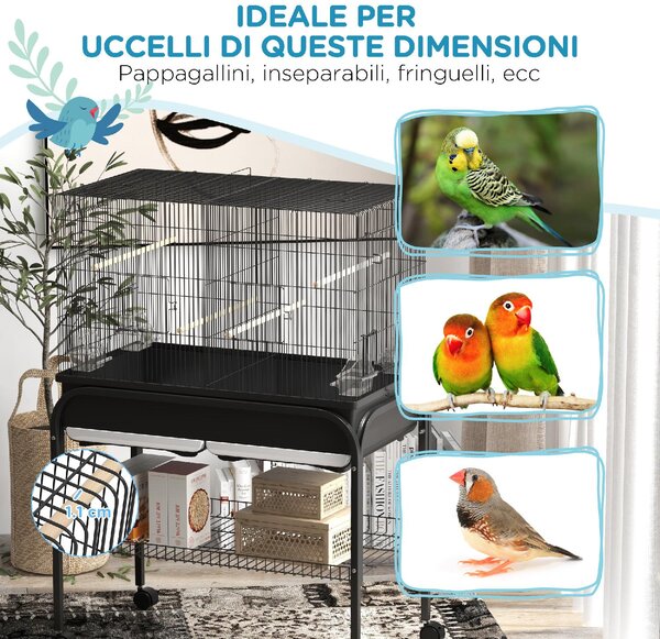 AllMyPets Gabbia per Uccelli da Interno con Vassoio, Ripiano e Ruote con Freno 85x49x119 cm colore Nero