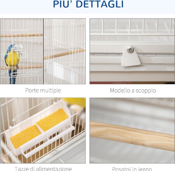 AllMyPets Gabbia per Uccelli da Interno con Vassoio Estraibile, 4 Ruote e Trespolo 78x52x132 cm colore Bianco
