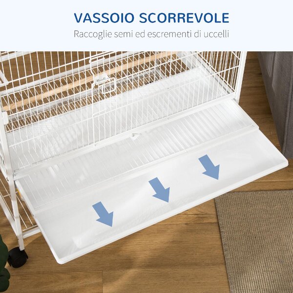 AllMyPets Gabbia per Uccelli da Interno con Vassoio Estraibile, 4 Ruote e Trespolo 78x52x132 cm colore Bianco
